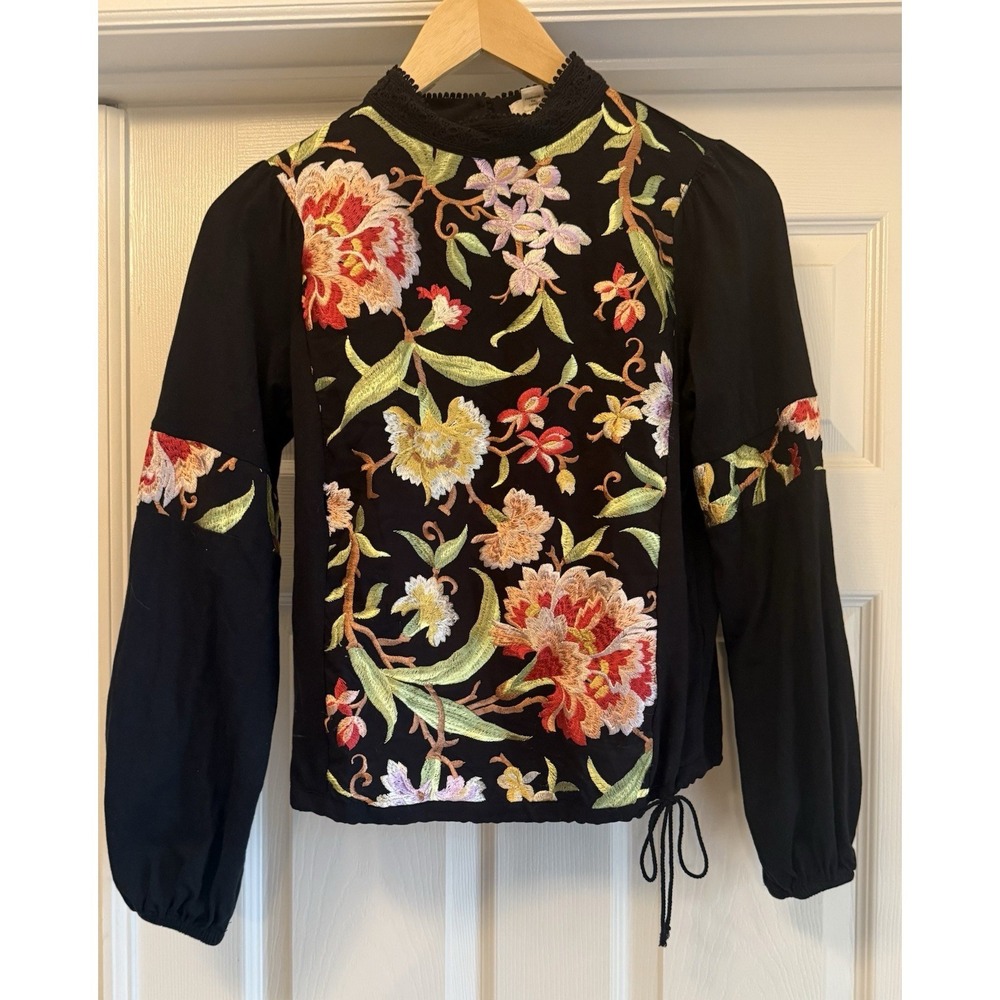 Tiny Embroidered Floral Blouse Women XS Black Mock Neck Balloon Sleeve Boho